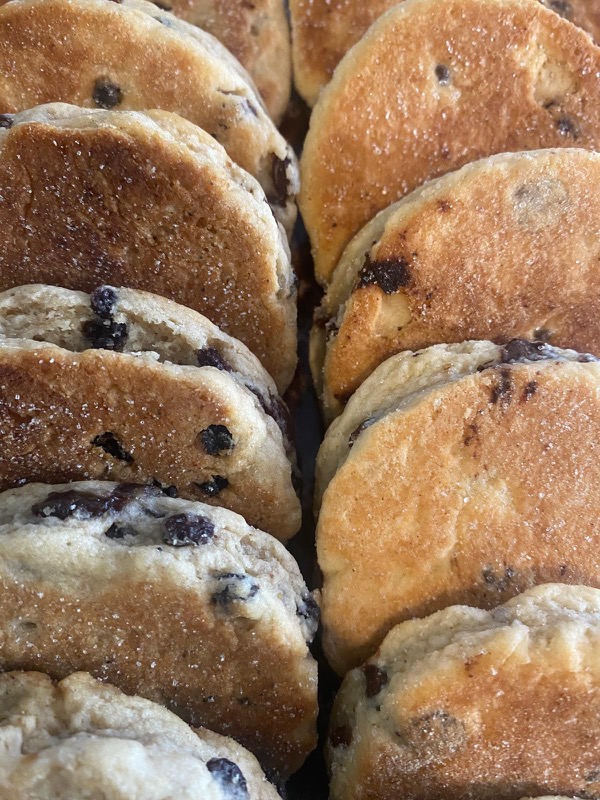 Rows of freshly griddled Welshcakes dusted with sugar